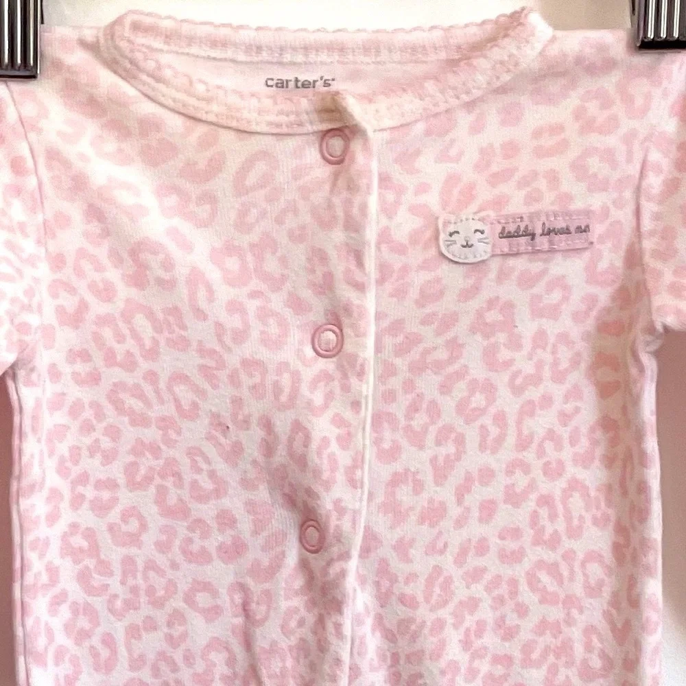 4/$20💥Pink Leopard Print 'Daddy Loves Me' Footie Sleeper, Snaps, Cat Badge - Picture 2 of 10